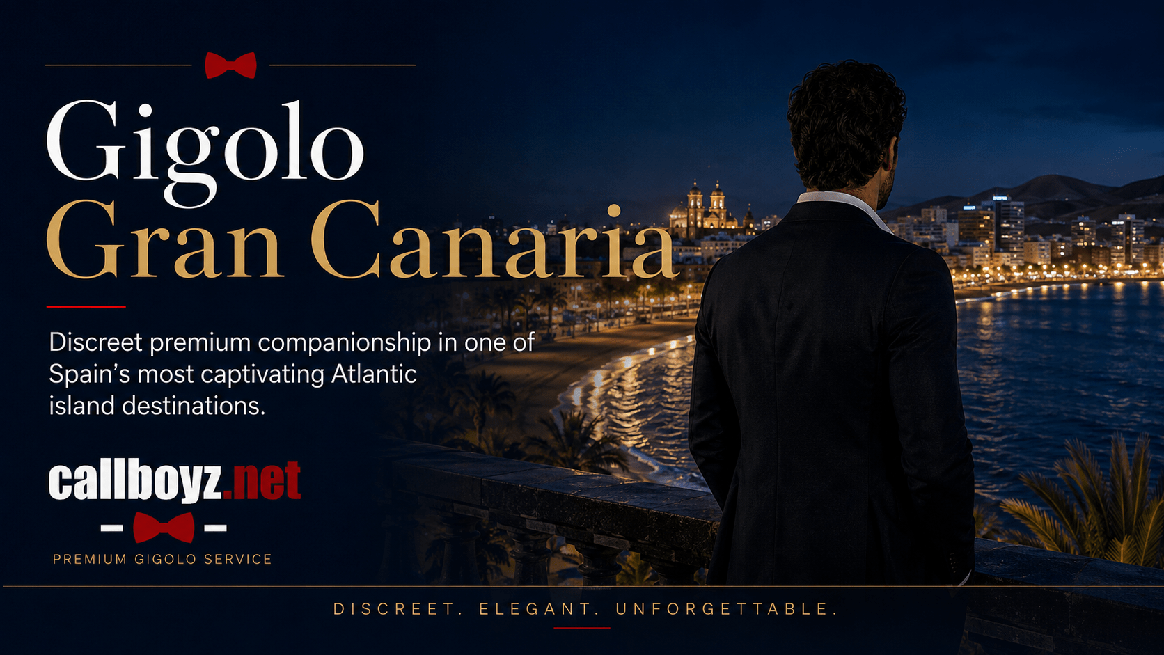 Elegant gigolo in Gran Canaria overlooking the illuminated coastline at night