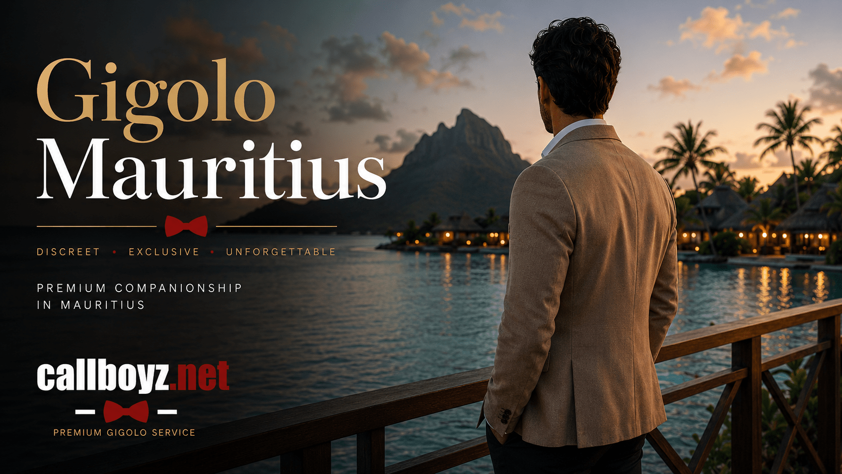 Sophisticated Gigolo Mauritius overlooking a luxury tropical waterfront and mountain landscape at sunset.