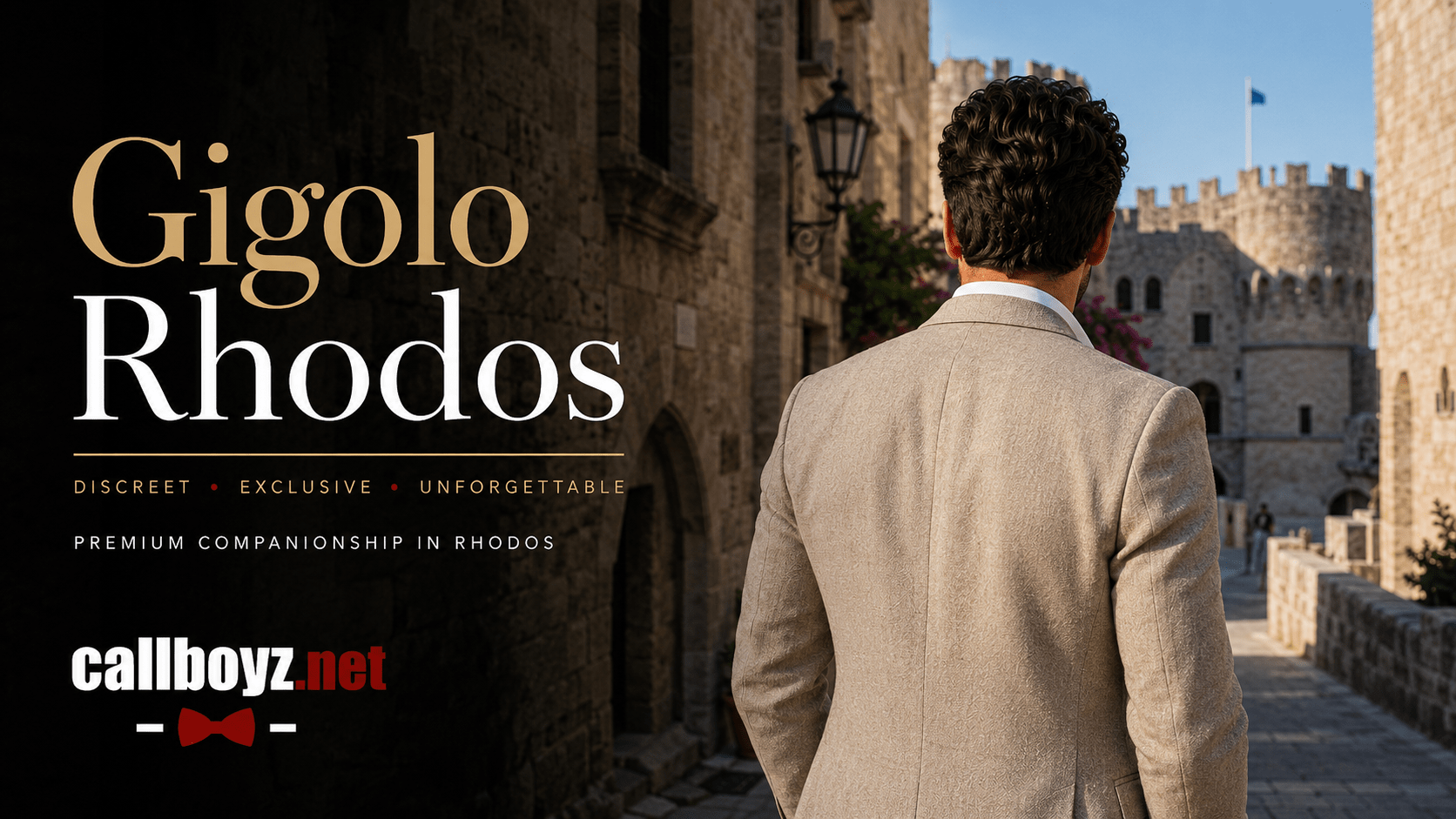 Stylish male companion in Rhodos walking through the historic Old Town near medieval fortress architecture