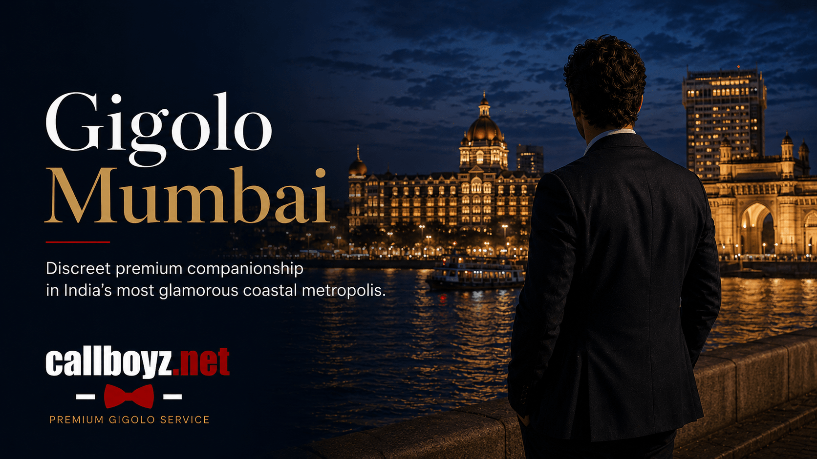 Gigolo Mumbai with an elegant male companion overlooking the illuminated Mumbai waterfront and Gateway of India
