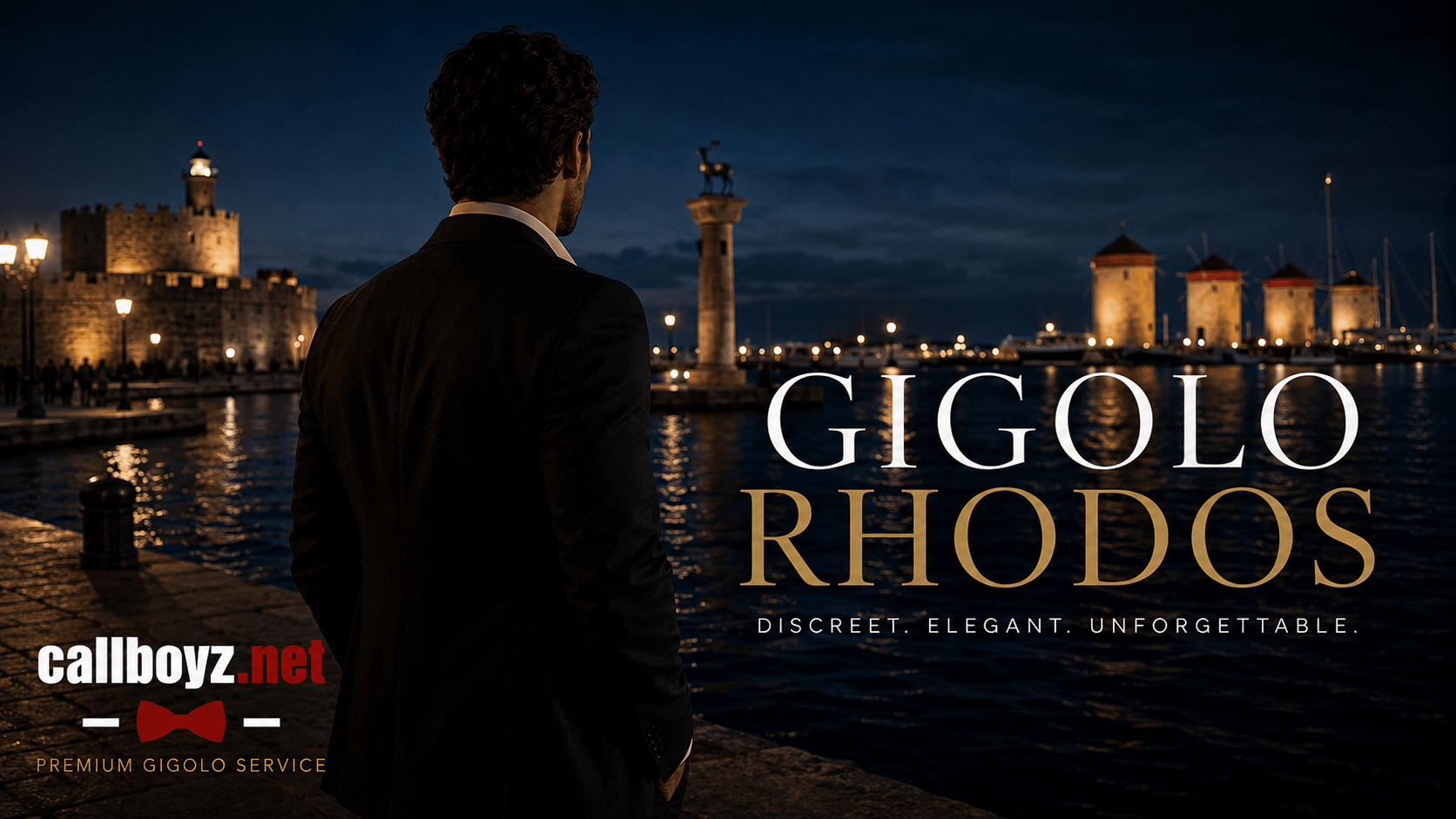 Elegant gigolo in Rhodos overlooking Mandraki Harbour, historic windmills and illuminated waterfront at night