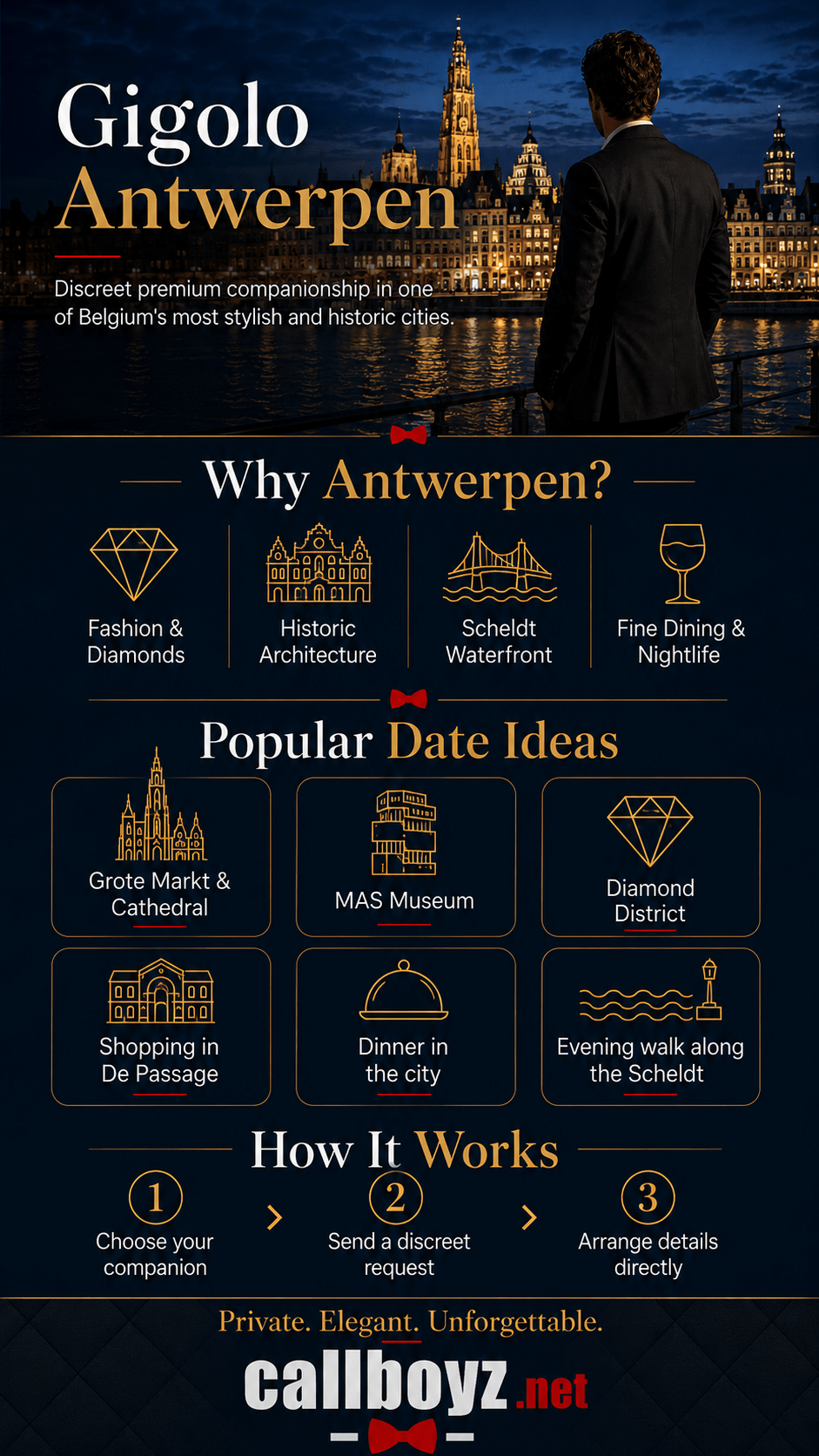 Gigolo infographic featuring date ideas, Mandraki Harbour, Rhodes Old Town and premium companionship