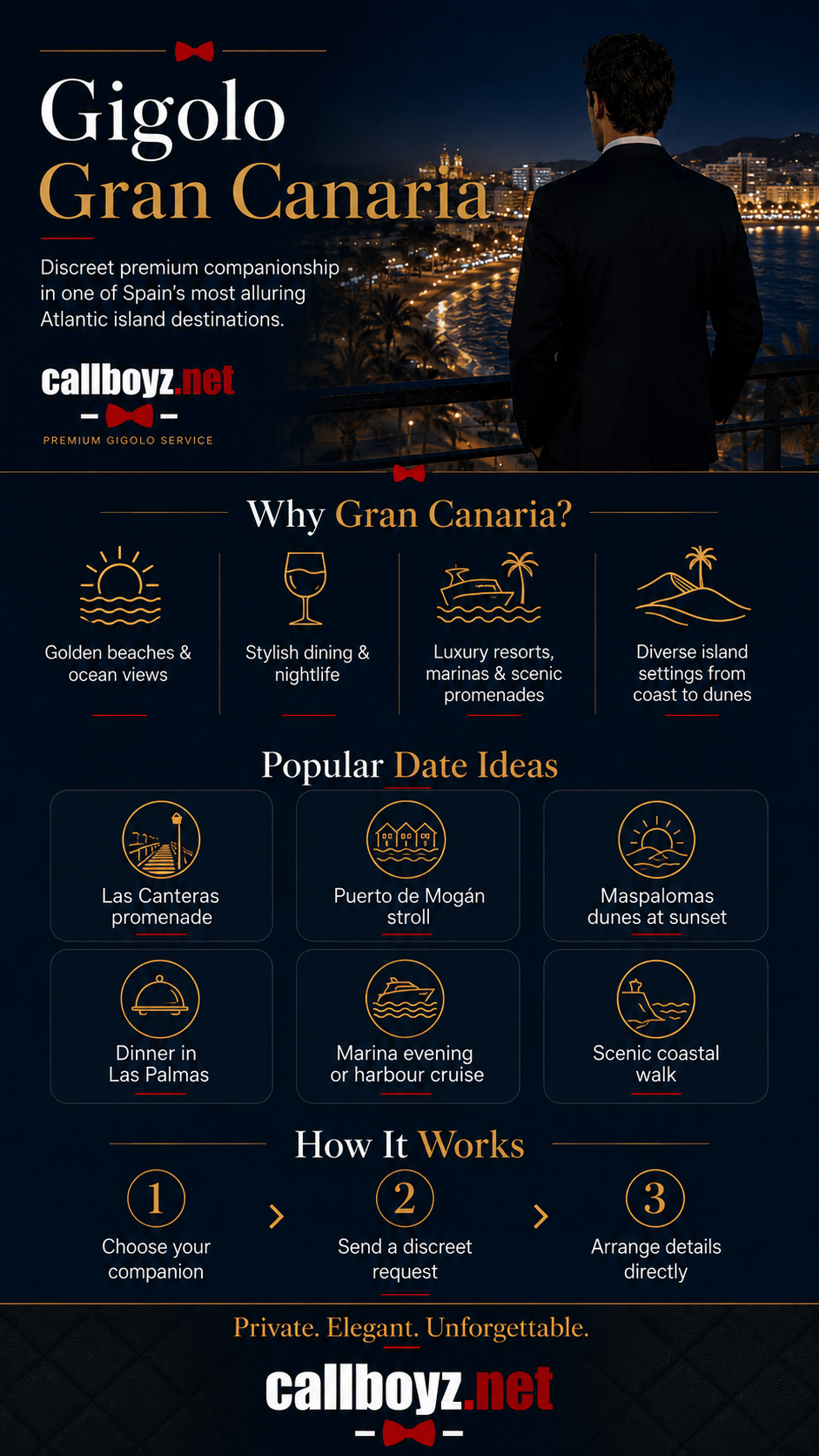 Gigolo Gran Canaria infographic with date ideas, attractions and premium companionship information
