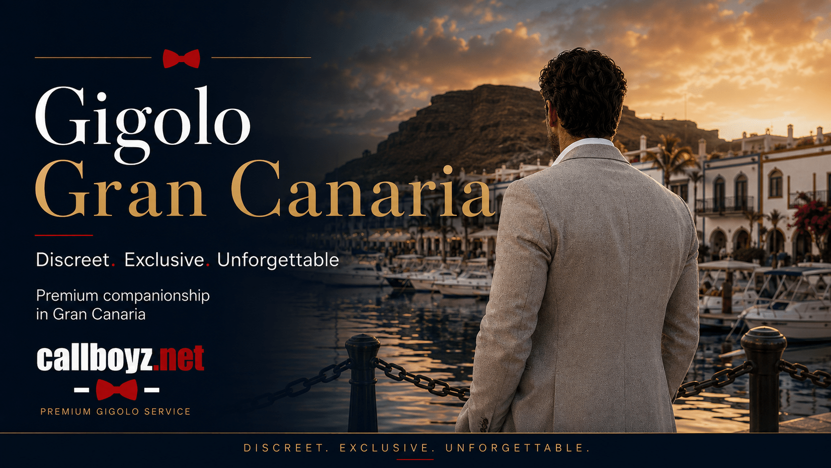 Male escort in Gran Canaria at a luxury marina in Puerto de Mogán at sunset