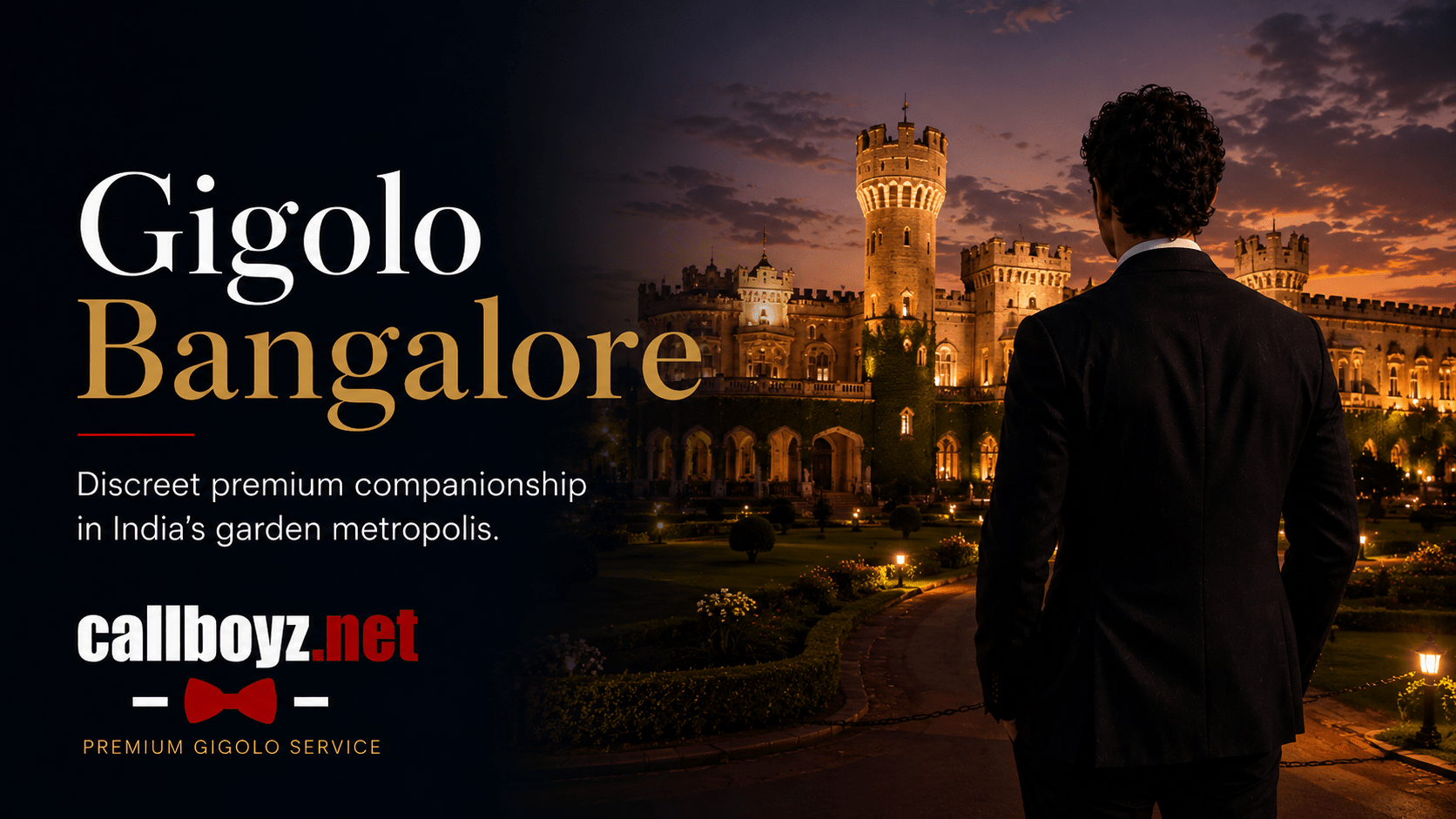 Stylish callboy in Bangalore standing before Bangalore Palace in the evening