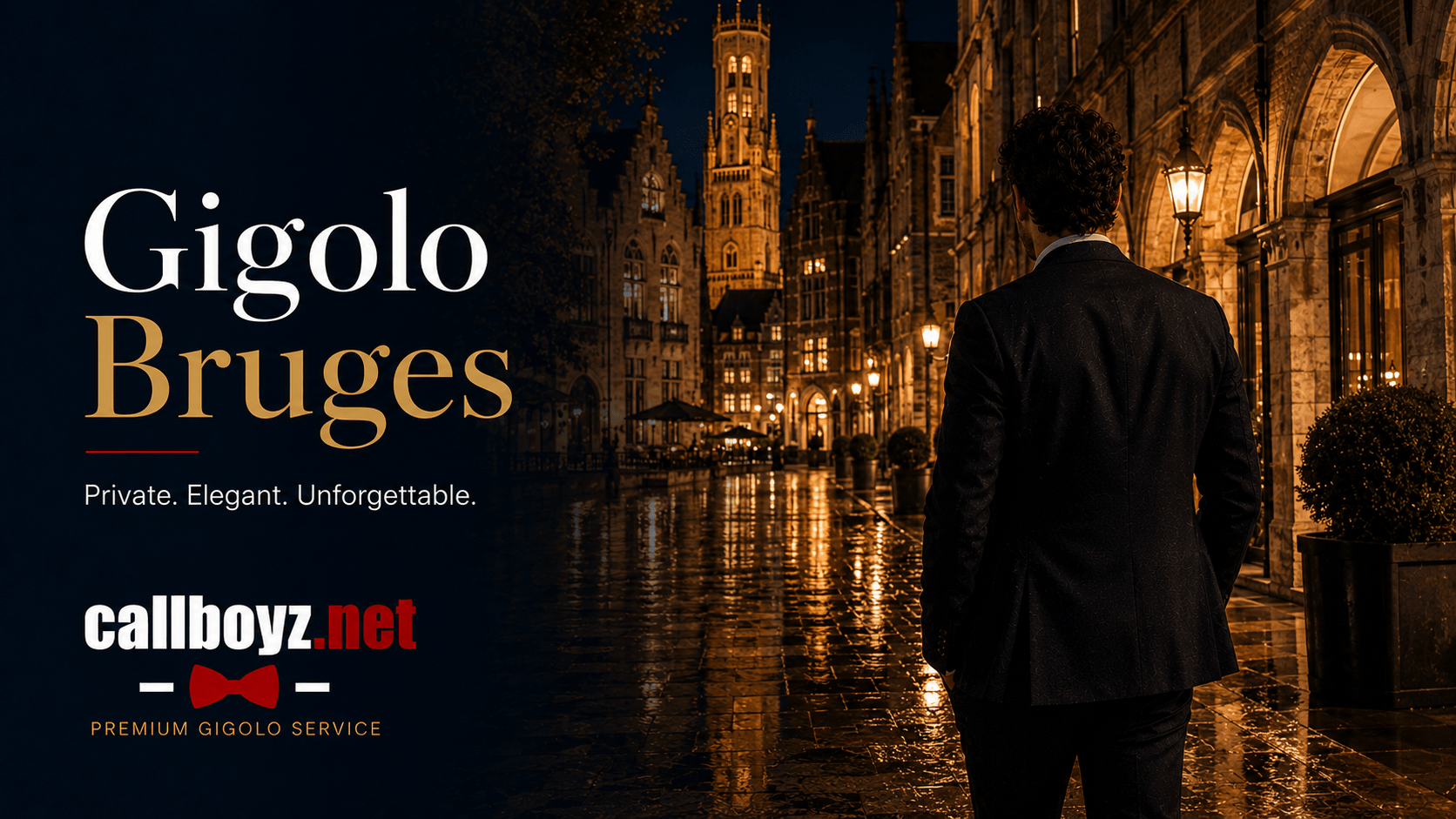 Callboy Bruges in an elegant historic street setting during the evening
