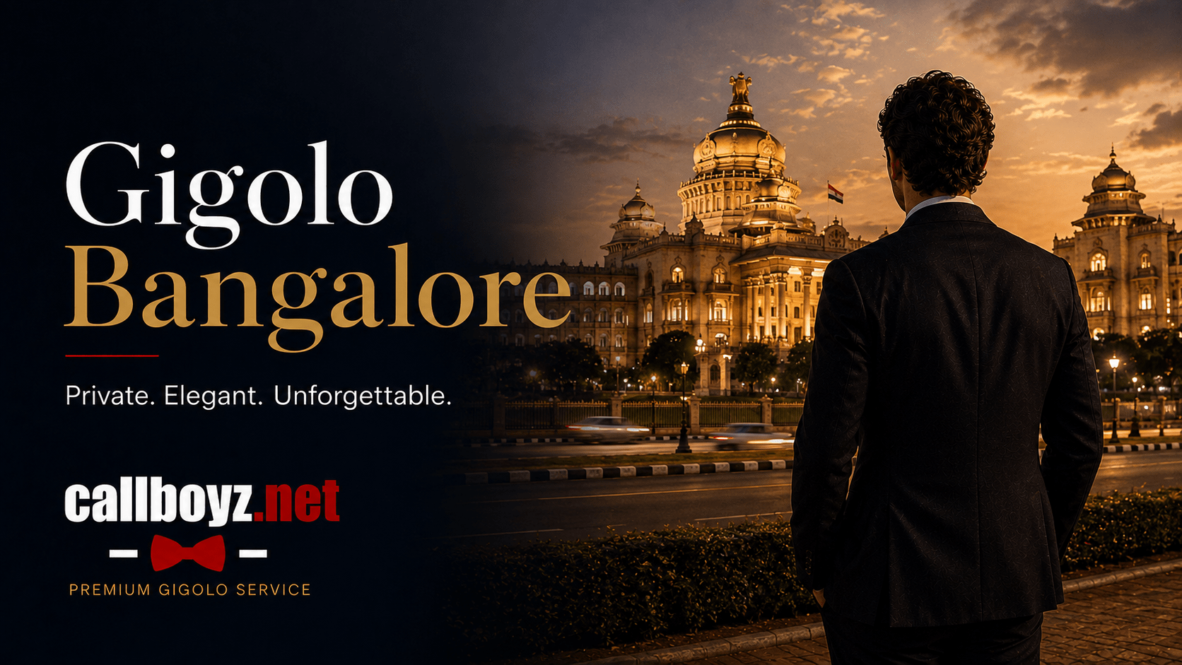 Elegant gigolo in Bangalore standing in front of the illuminated Vidhana Soudha at sunset