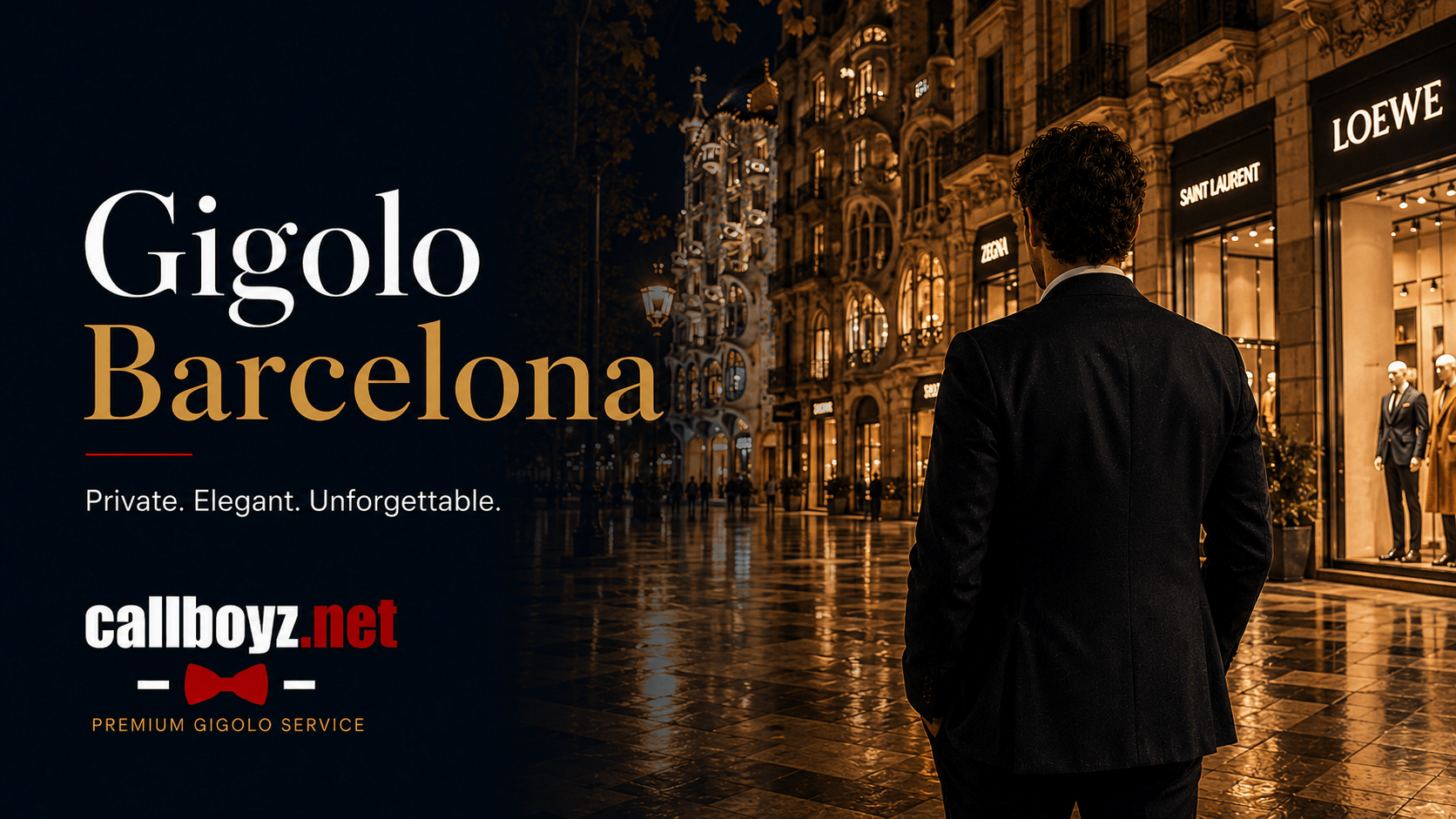 Elegant Gigolo Barcelona walking through the luxury shopping district of Passeig de Gràcia at night