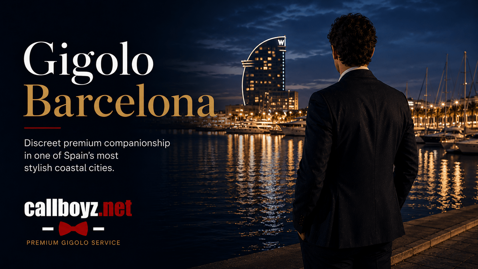 Gigolo Barcelona overlooking the illuminated waterfront and marina at night