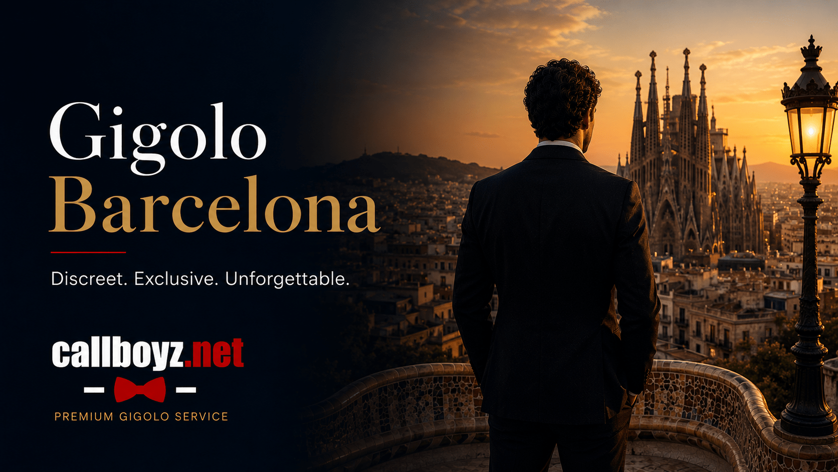 Gigolo Barcelona with an elegant male companion overlooking the Sagrada Família at sunset