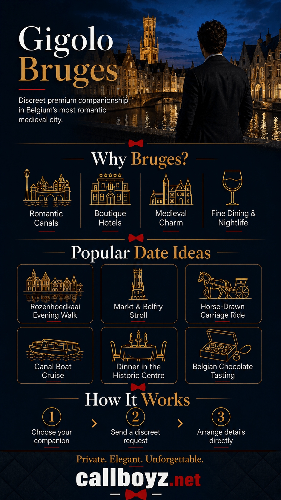 Gigolo Bruges infographic with date ideas, romantic canals, Belfry and Bruges attractions