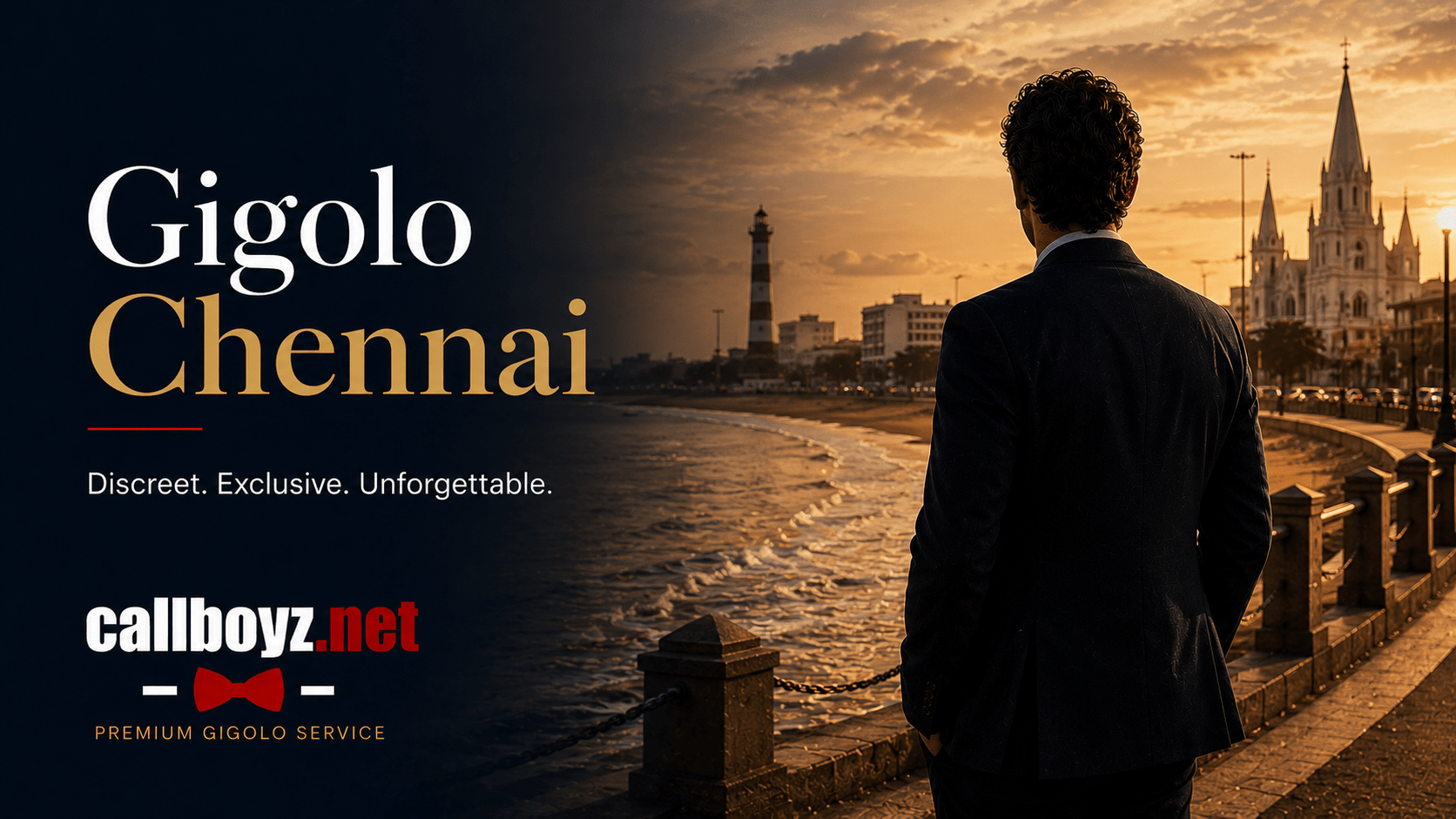 Gigolo Chennai with elegant male companion overlooking Marina Beach at sunset