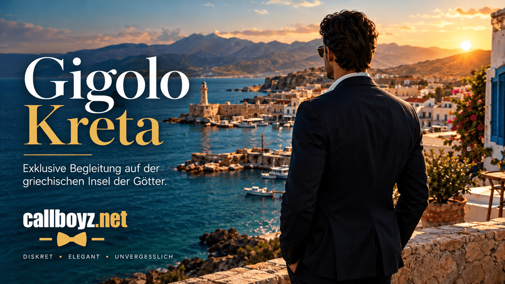 Elegant gigolo in Crete overlooking a Mediterranean harbour during sunset