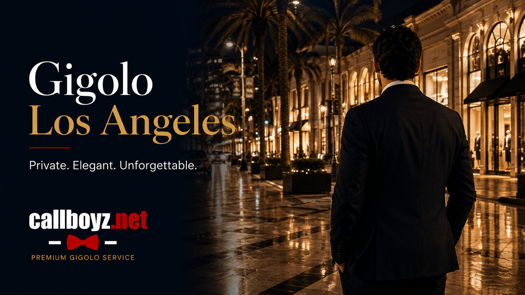 Gigolo Los Angeles walking through the luxury shopping district of Beverly Hills at night