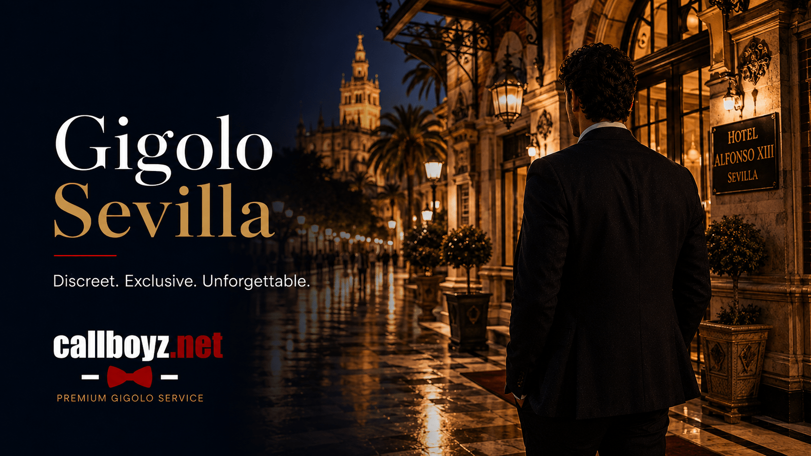 Elegant Gigolo Sevilla outside a luxury hotel near the Giralda in Seville
