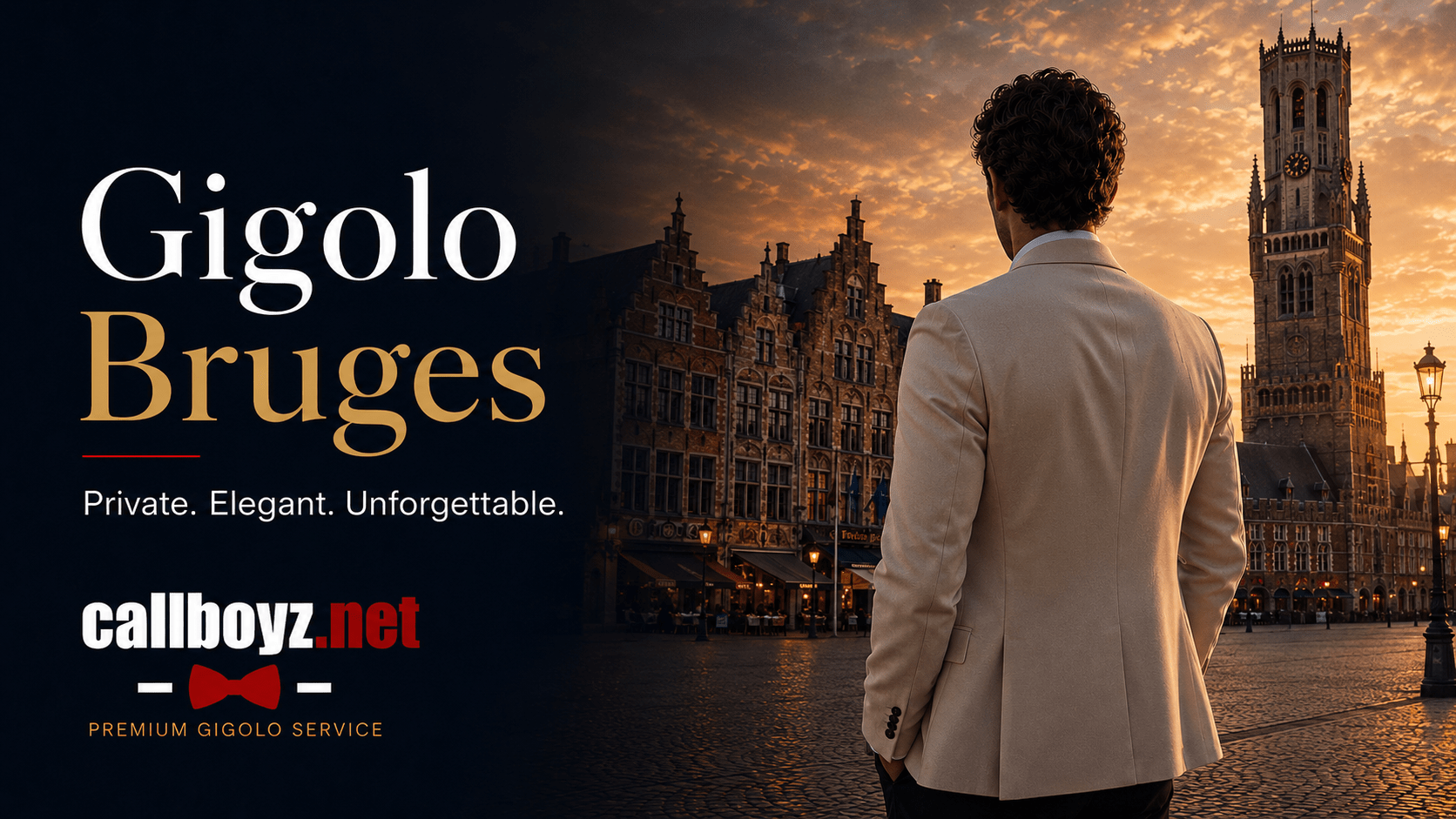 Male escort Bruges standing near Bruges Belfry and Markt square at sunset