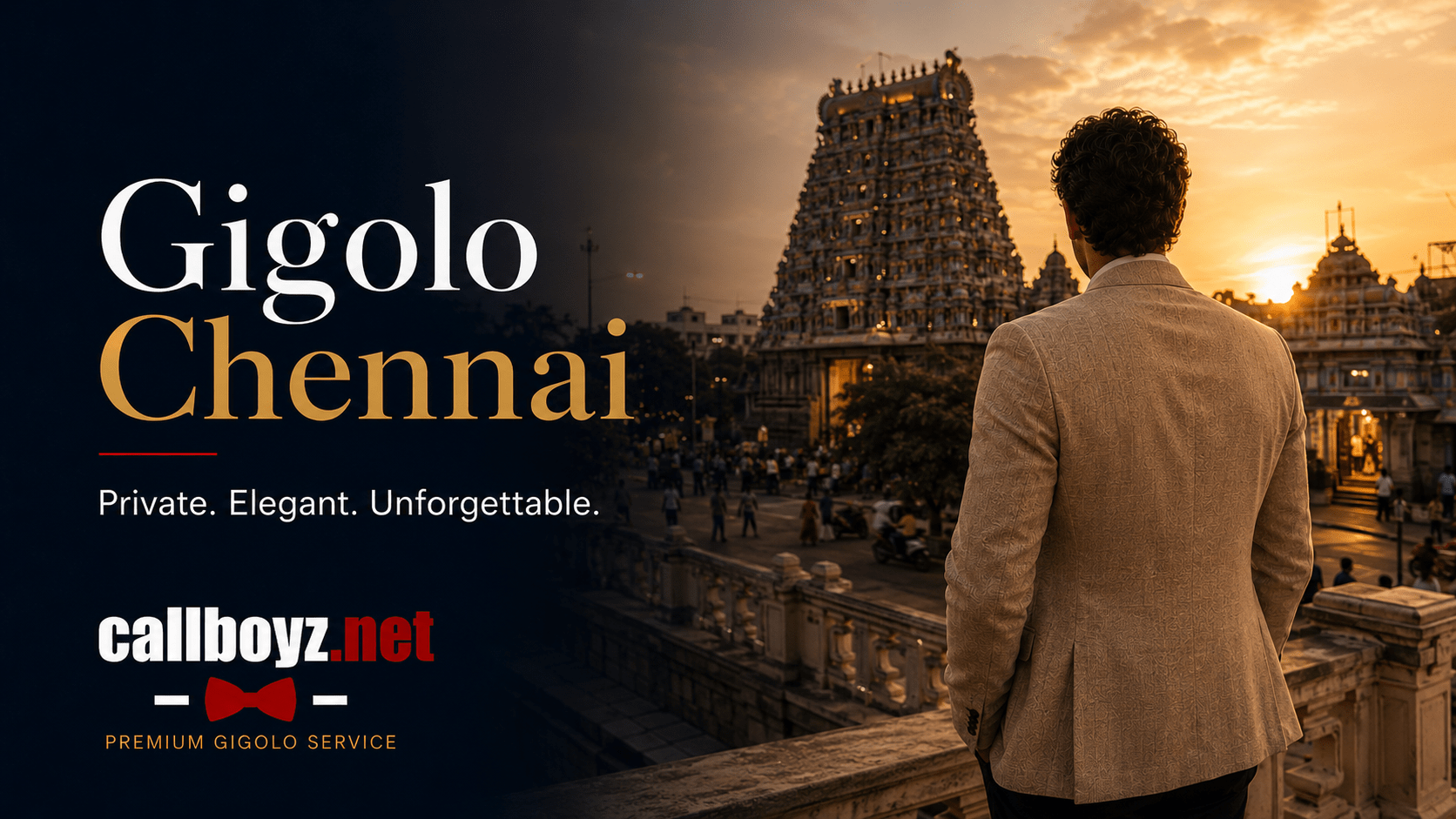 Male escort Chennai near Mylapore and Kapaleeshwarar Temple at sunset