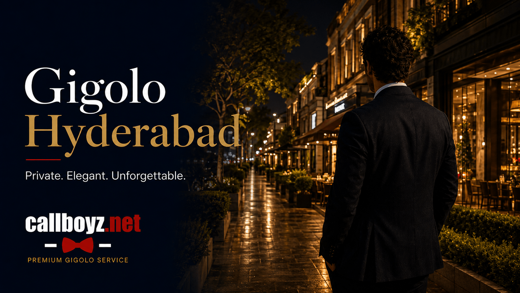 Elegant male escort in Hyderabad walking through an upscale nightlife district at night
