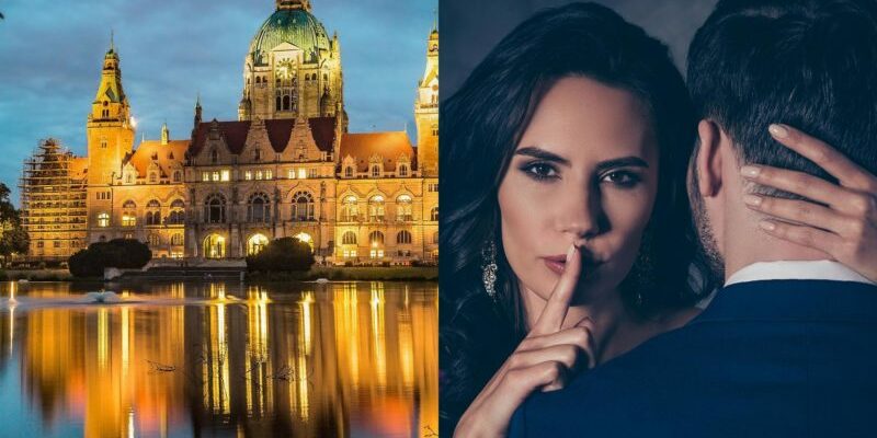 Picture of a Berlin castle and a lady holding her index finger on her mouth while holding a callboy at the neck